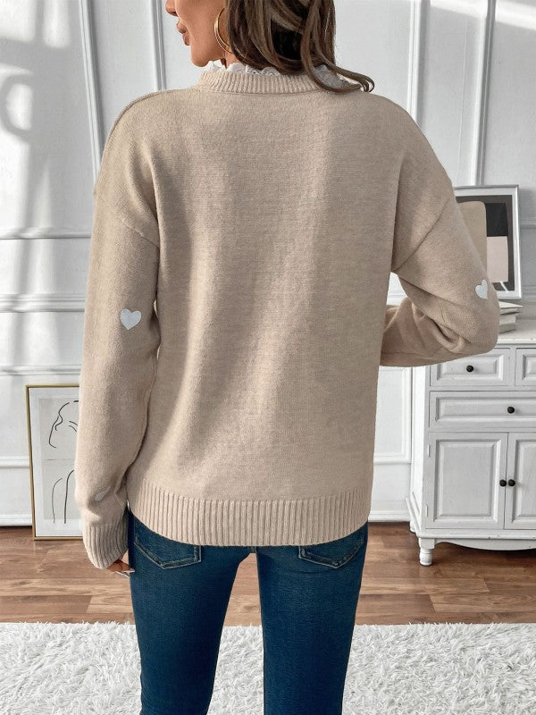 Heart Print Lace Trim Sweater