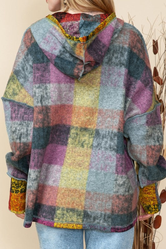 Brushed Check  Pocket Thumbholes Henley Hoodie