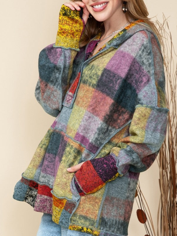 Brushed Check  Pocket Thumbholes Henley Hoodie