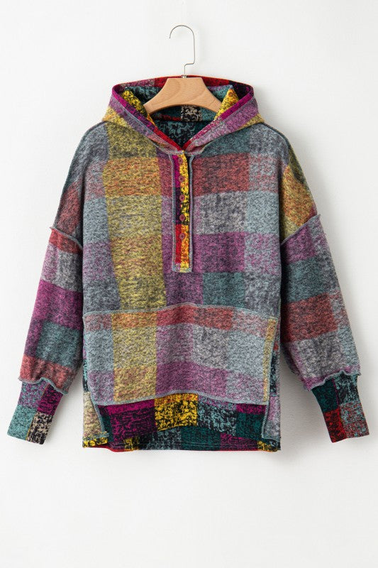 Brushed Check  Pocket Thumbholes Henley Hoodie