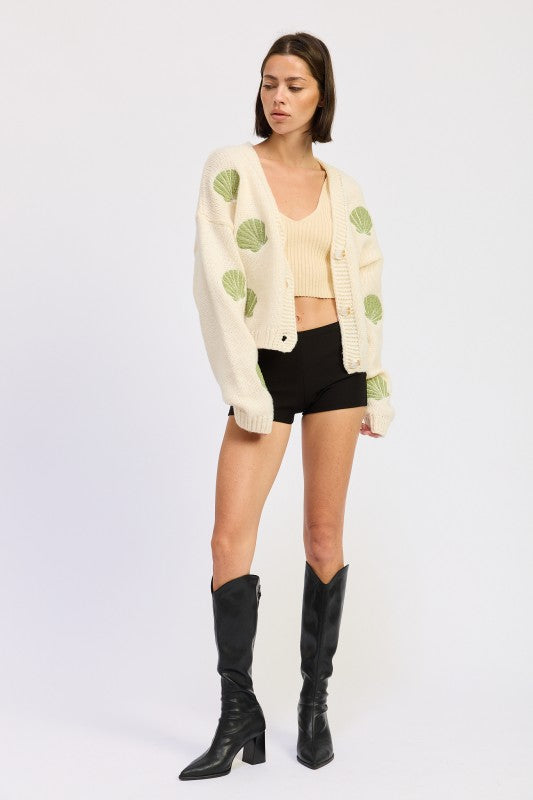 V NECK BUTTON FRONT APPLIQUE CARDIGAN