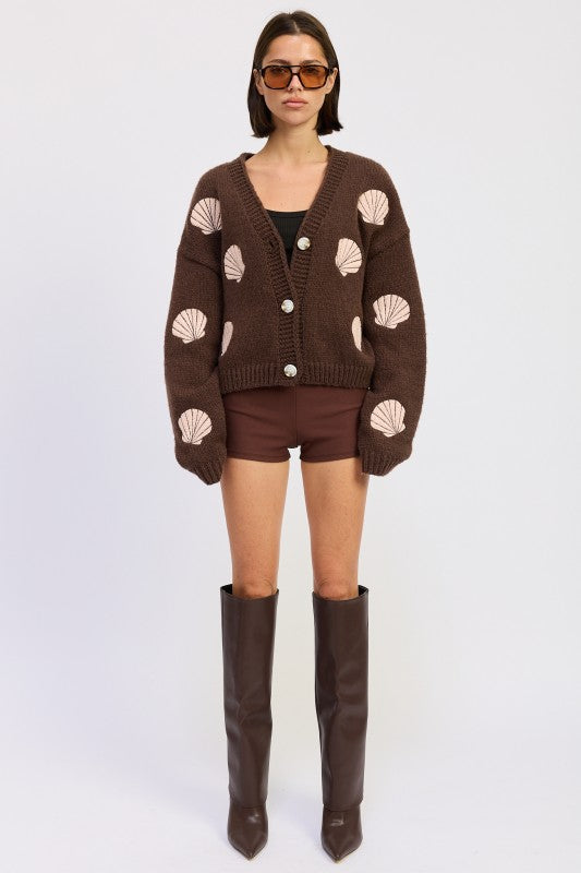 V NECK BUTTON FRONT APPLIQUE CARDIGAN