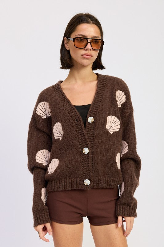 V NECK BUTTON FRONT APPLIQUE CARDIGAN