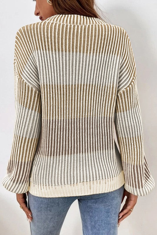 Colorblock Textured Knit Bubble Sleeve Sweater