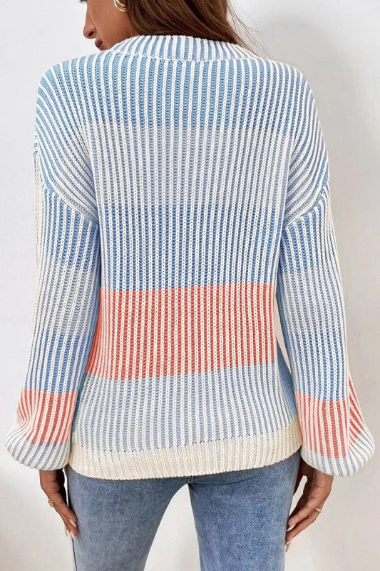 Colorblock Textured Knit Bubble Sleeve Sweater