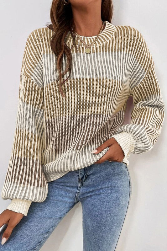 Colorblock Textured Knit Bubble Sleeve Sweater
