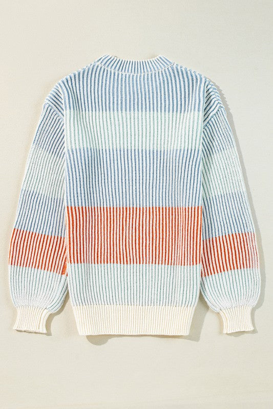 Colorblock Textured Knit Bubble Sleeve Sweater