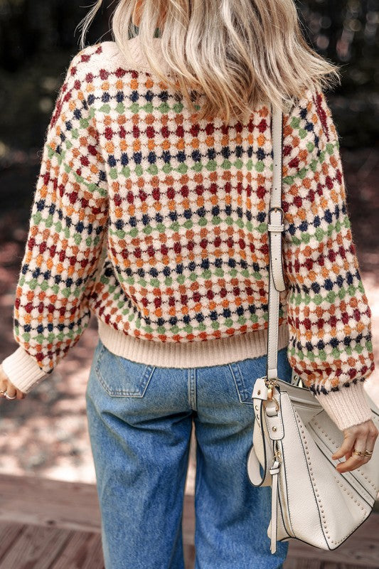 Dotty Knit Button Front V Neck Sweater Cardigan