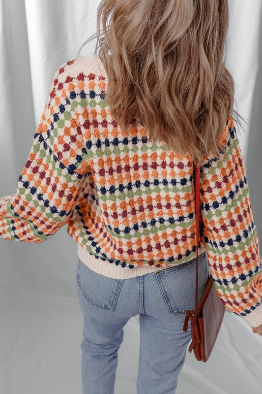 Dotty Striped Pattern Knit Drop Shoulder Sweater