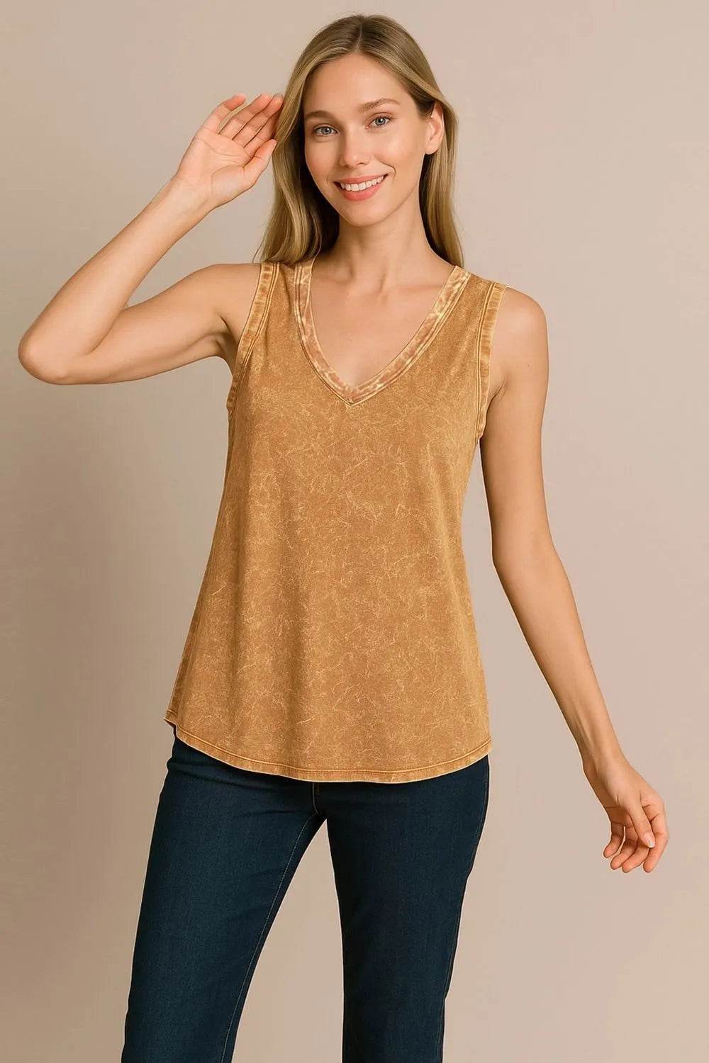 Zenana Crinkle Washed V-neck Sleeveless Top
