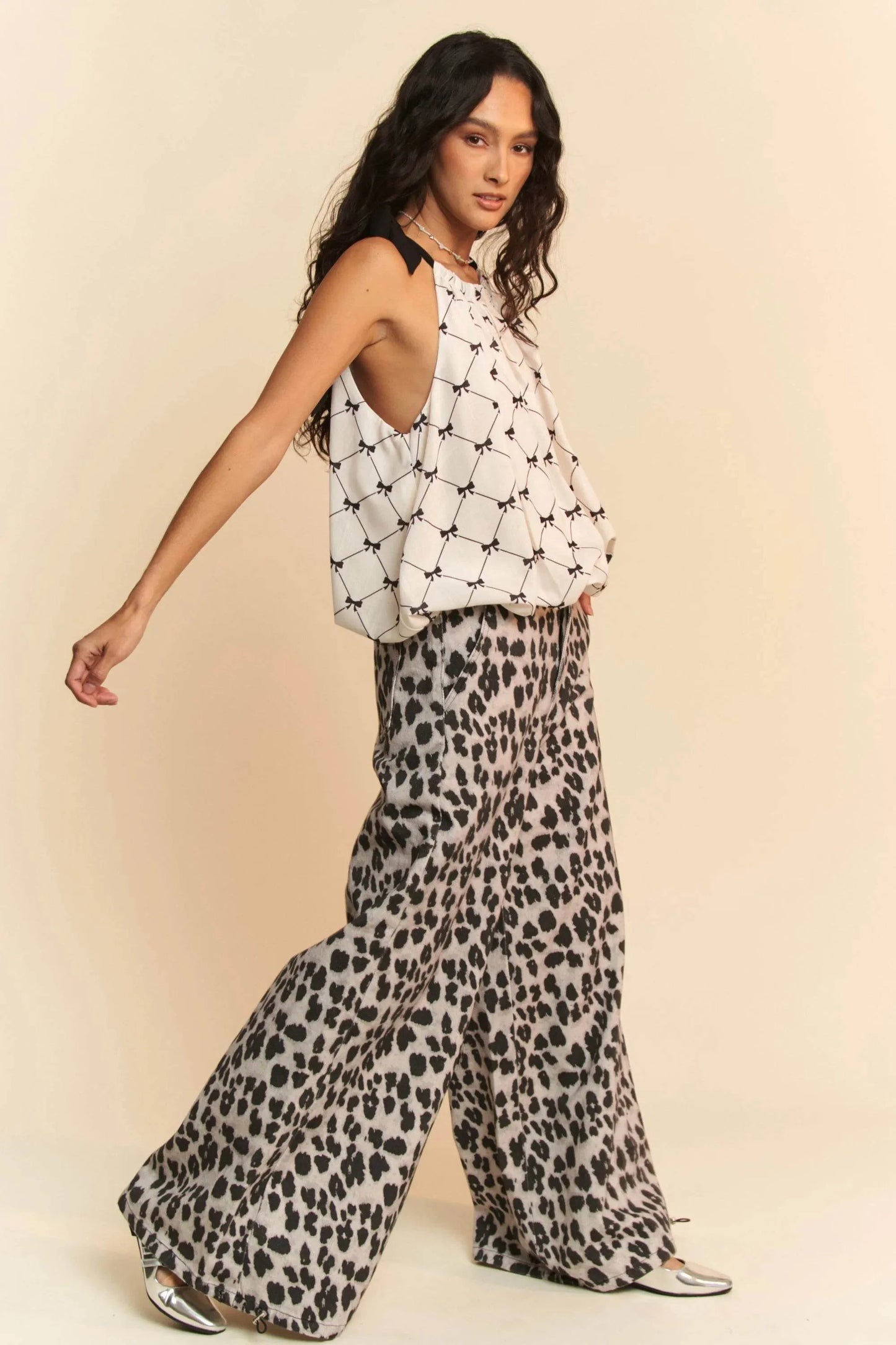 Davi & Dani Ribbon Checker Printed Tie Halter Neck Blouse Top
