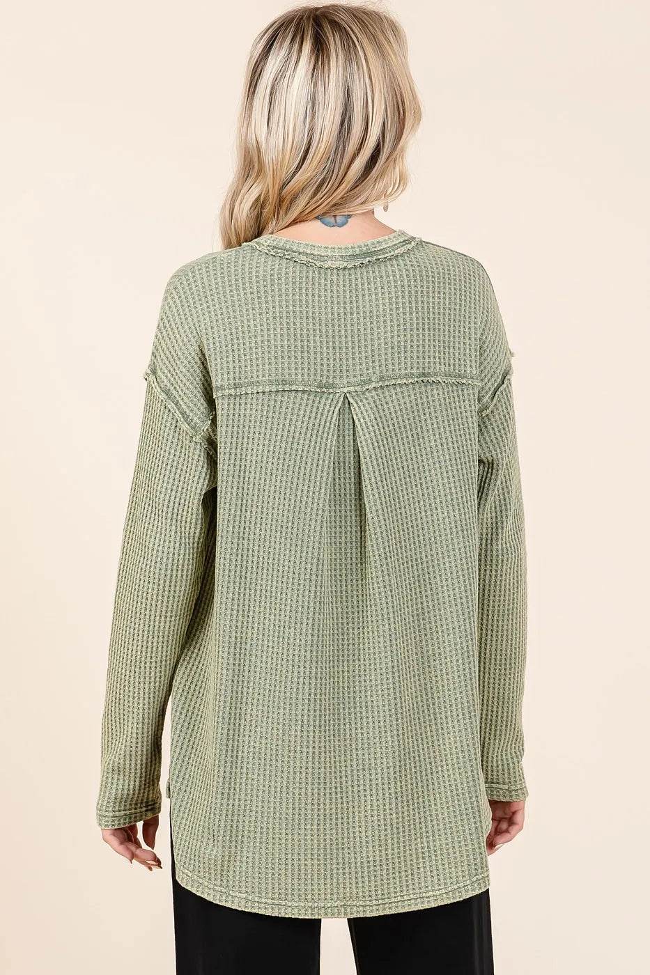 Mittoshop Mineral Wash Waffle Knit V-Neck Long Sleeve Top
