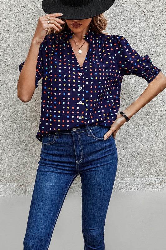 Polka Dot Print Puff Sleeve Loose Shirt