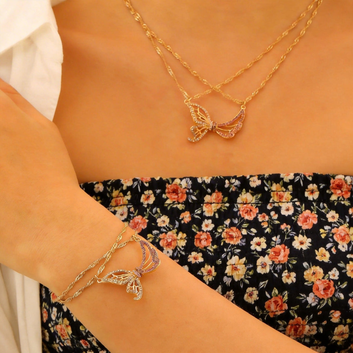 Butterfly Necklace & Bracelet Best Friend BFF Color Zircon Asymmetric Magnetic Jewelry