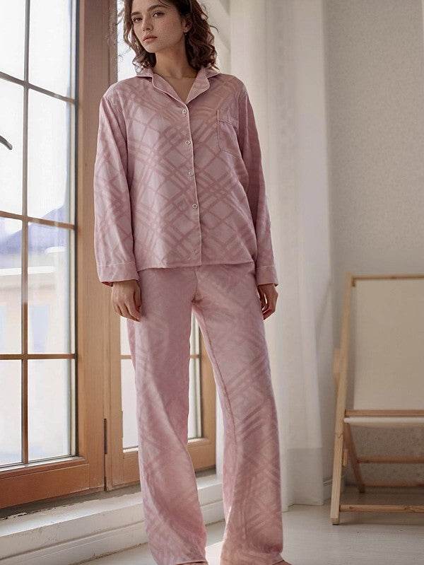 Pink Squared Button Front Long Sleeves Pajama Set
