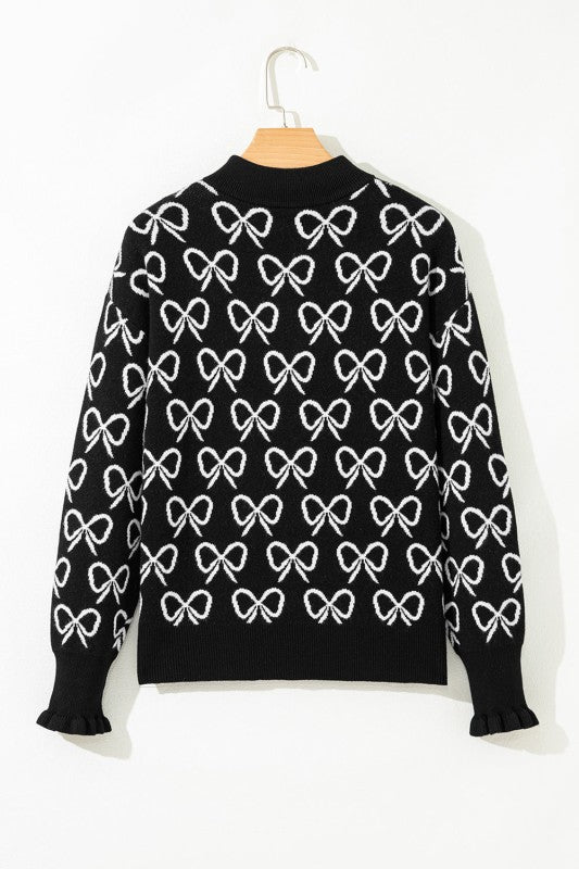 Bow Zipped Collar Drop Shoulder Sweater