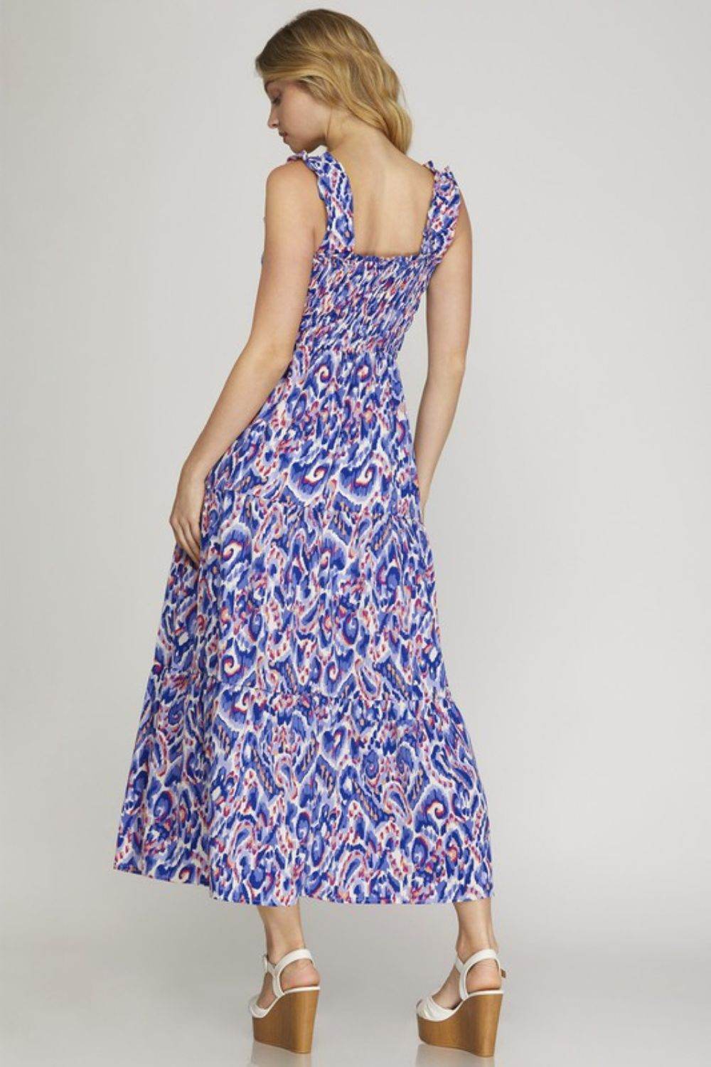 She + Sky Full Size Smocked Printed Wide Strap Tiered Dress Plus Size