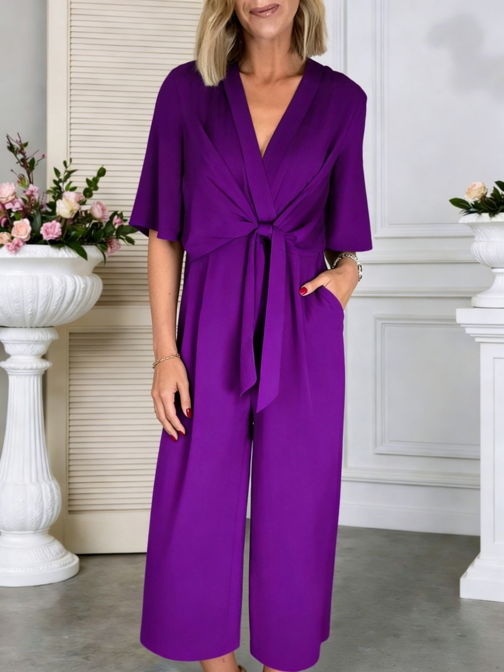 V-Neck Tie-Front Short Sleeve Jumpsuit