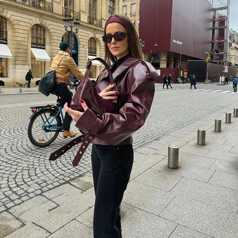 Loose Lapel Leather Jacket Fashion Cropped Tops Streetwear