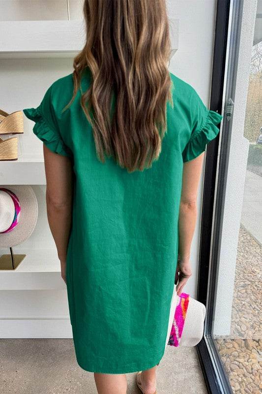 Green Shirred Ruffle Sleeve Button Up Short Dress