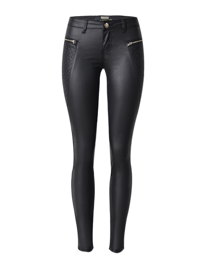 Fall Winter Popular Black Low Waist Coating Denim Skinny Pants Faux Leather Pants