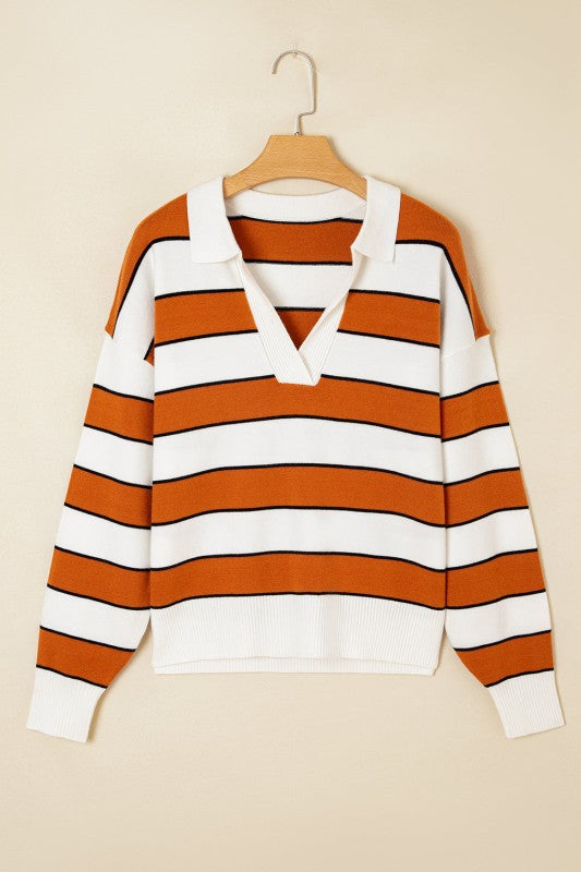 Valeria Stripe Ribbed Polo Collar Drop Shoulder Sw