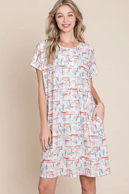 BOMBOM Printed Round Neck Short Sleeve Tee Dress