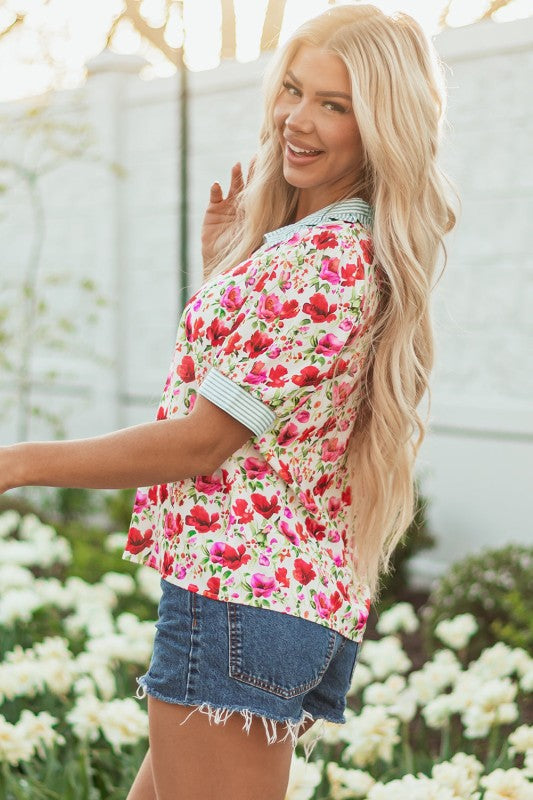 Romy Floral Striped Patchwork Collared Short Sleev