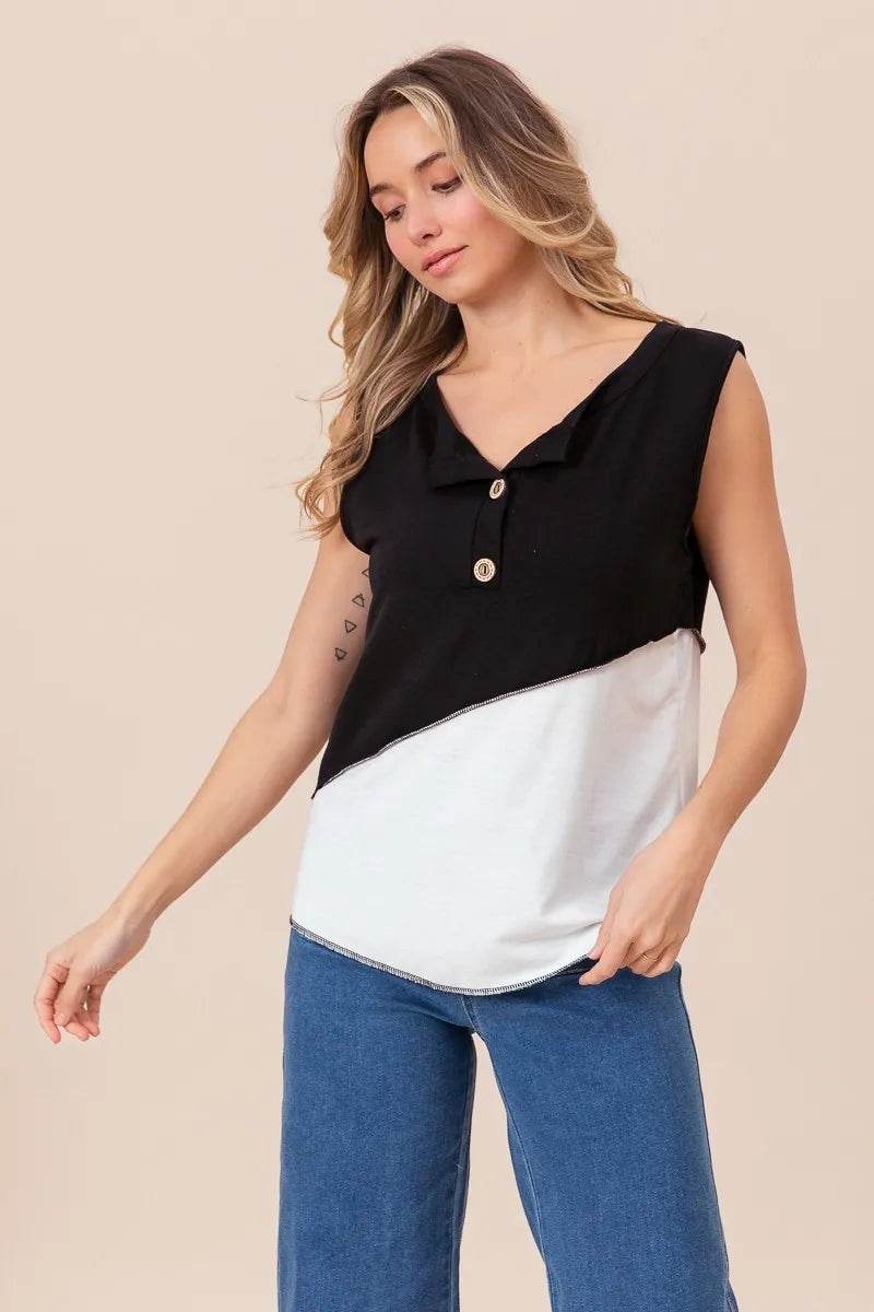 BiBi Color Block Contrast Stitching Buttoned Henley Top