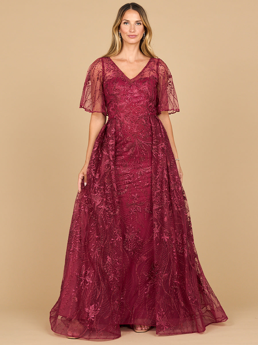 Lara 28880- Overskirt Lace Fitted V-Neck Gown with Cape Sleeves