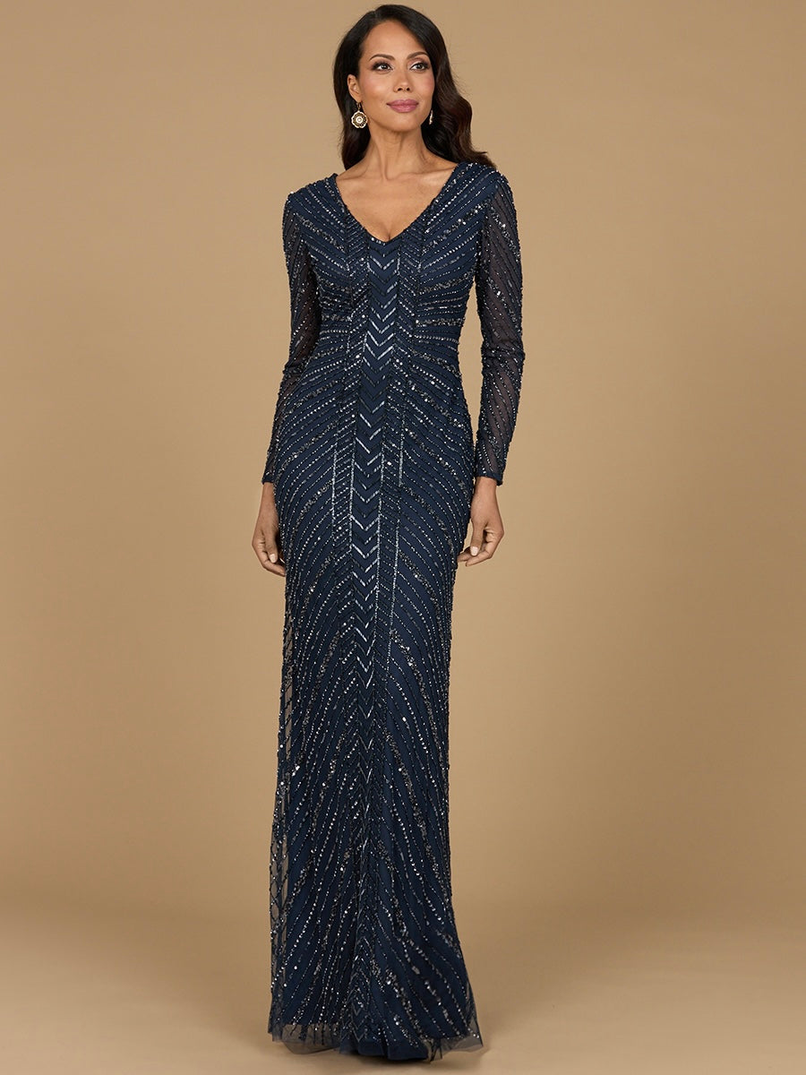 Long Sleeve Linear Focus Beaded Gown