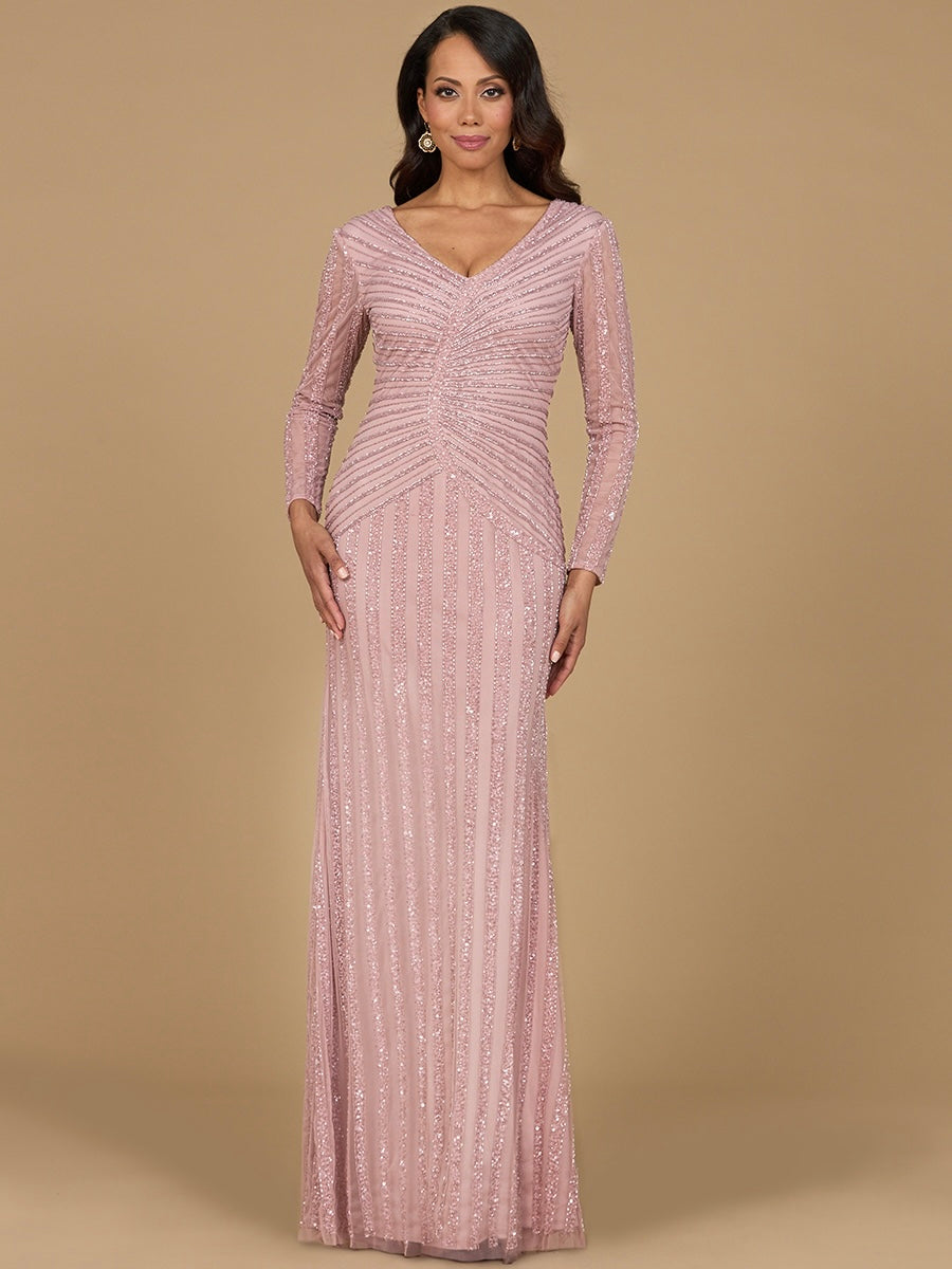Long Sleeve Linear Beaded Gown