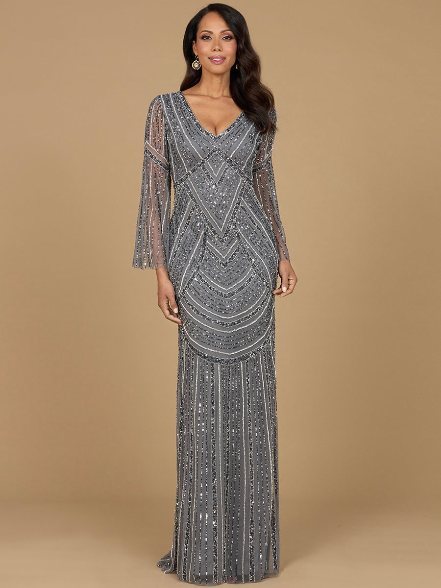 Long Sleeve Beaded Gown with Trumpet Sleeves