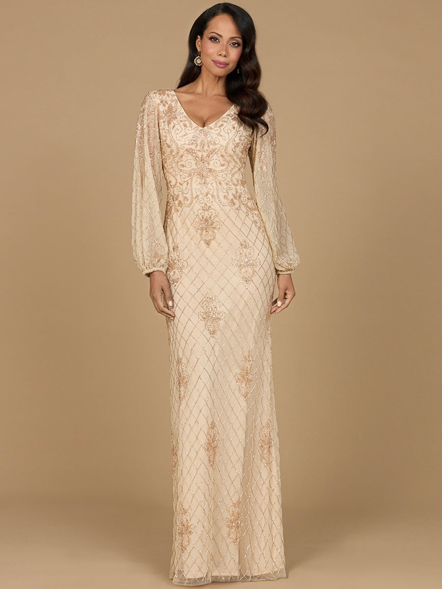 Long Sleeve Beaded Gown with Bishop Sleeves