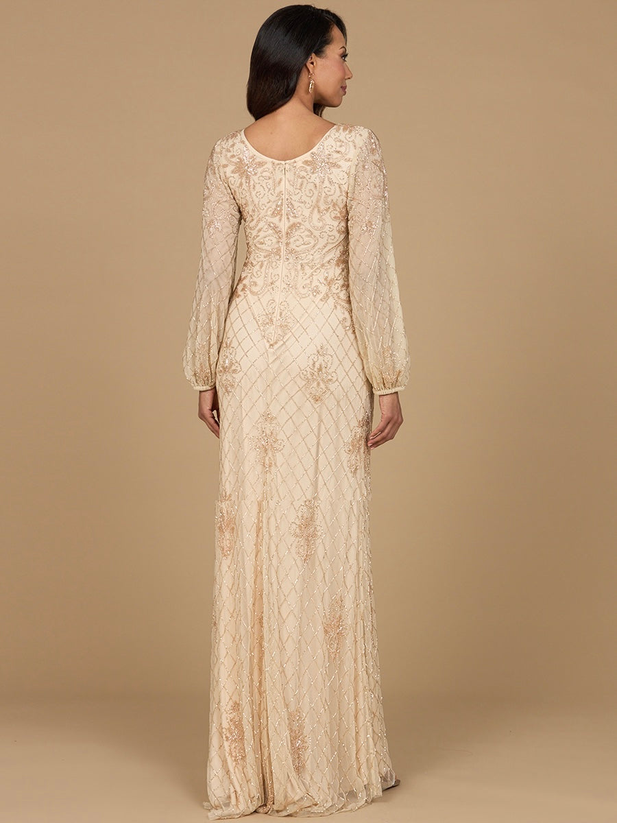 Long Sleeve Beaded Gown with Bishop Sleeves