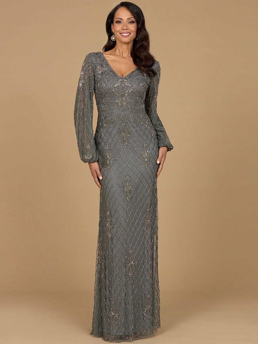 Long Sleeve Beaded Gown with Bishop Sleeves