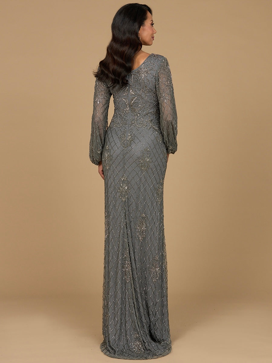 Long Sleeve Beaded Gown with Bishop Sleeves