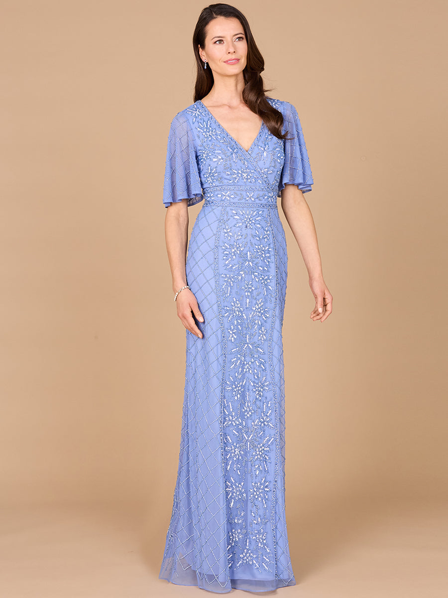 V-Neck, Cape Sleeve Beaded Gown with Belt