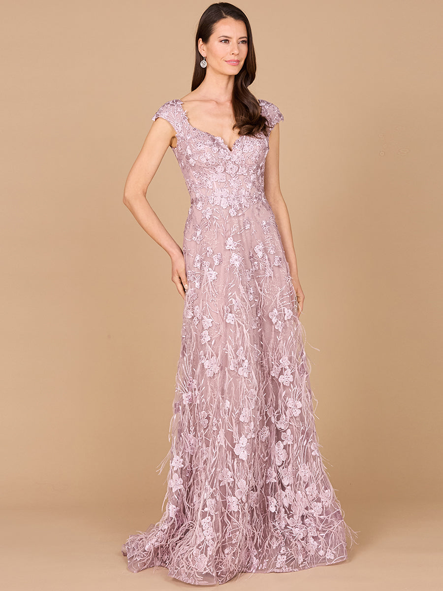 Cap Sleeves, A-line Dress with Feathers