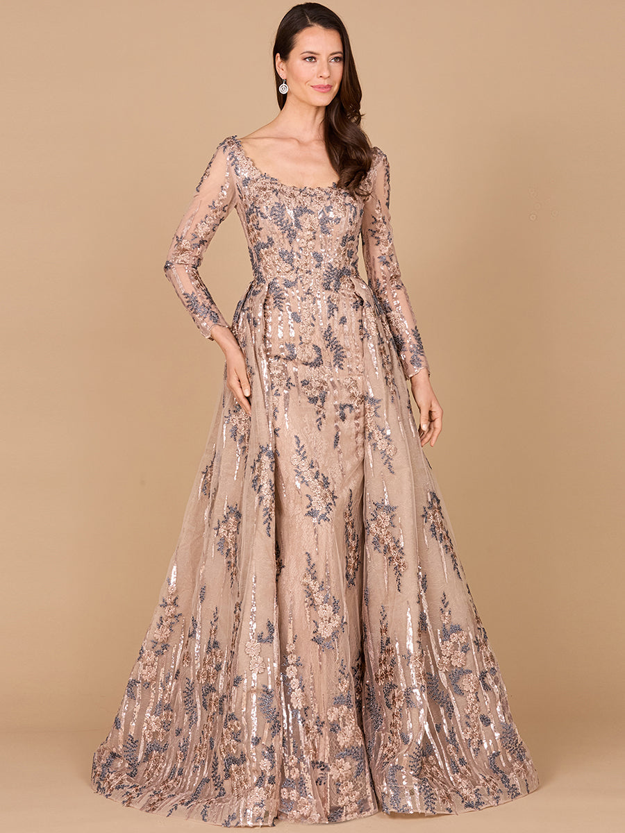 Long Sleeve Scoop Neck Lace Gown with Overskirt