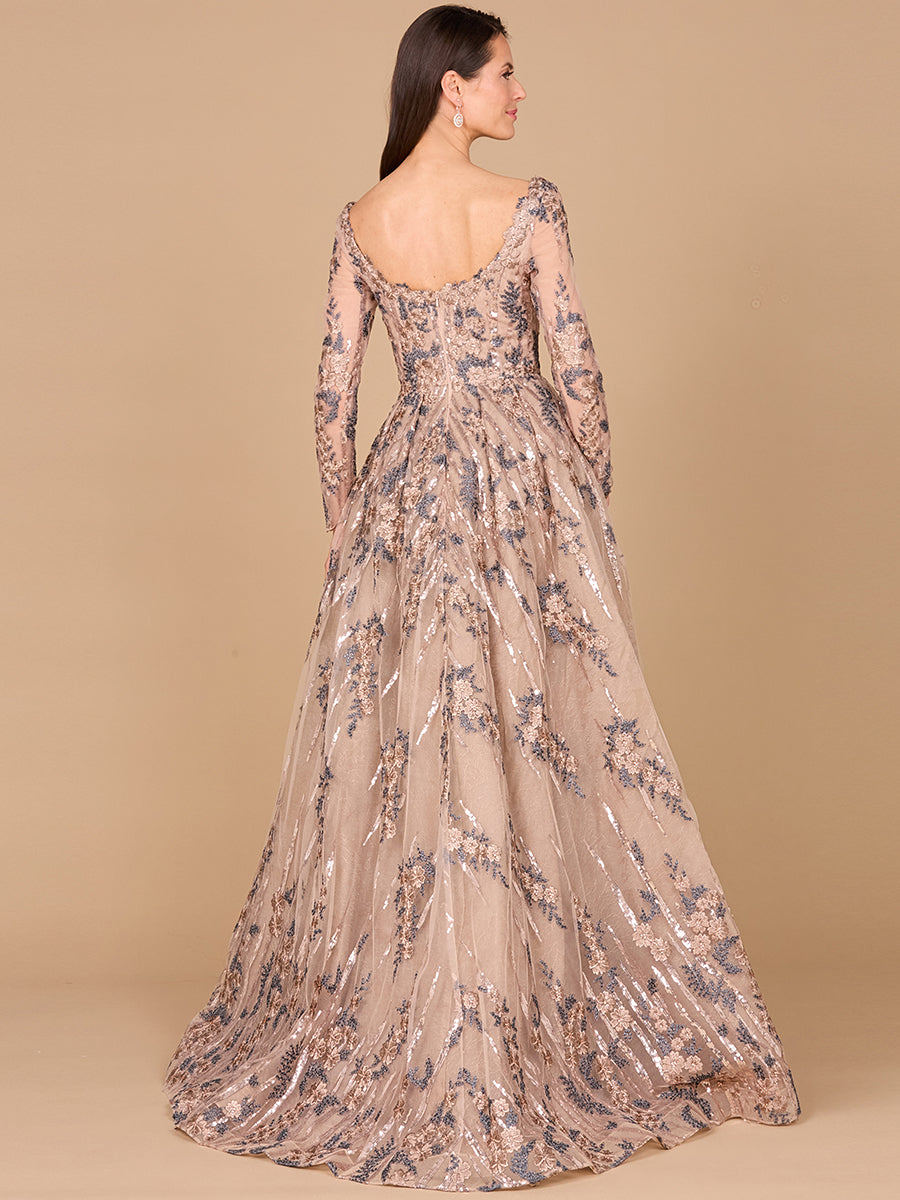 Long Sleeve Scoop Neck Lace Gown with Overskirt