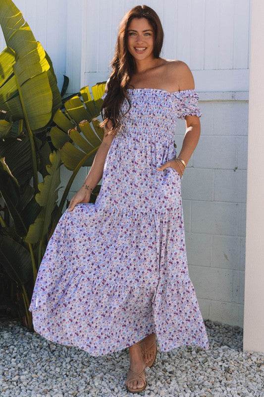 Bubble Sleeve Shirred High Waist Maxi Dress