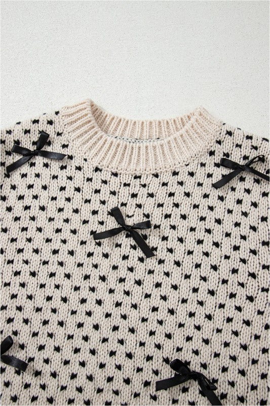 Bow Ribbed Edge Crewneck Long Sleeve Sweater