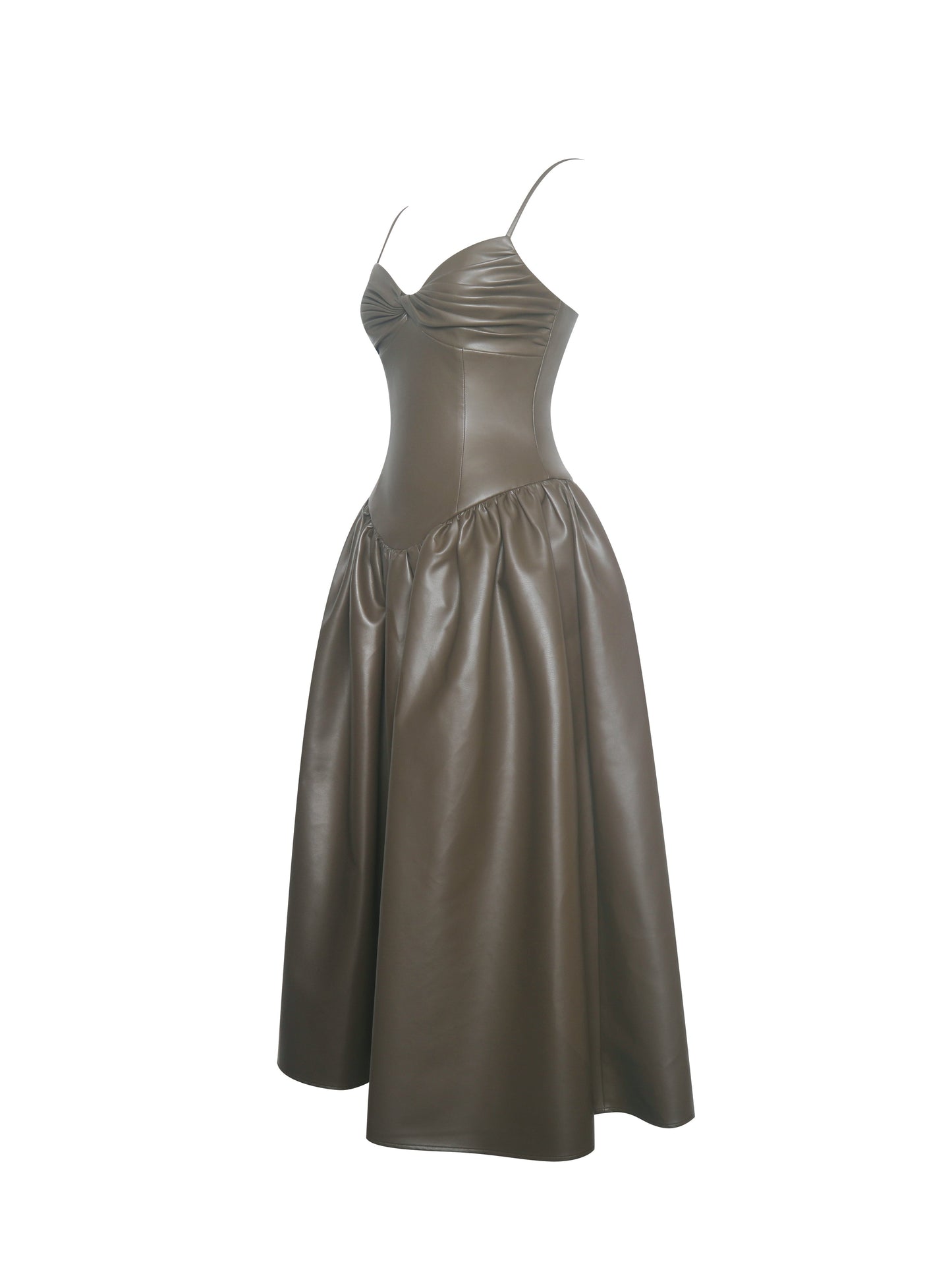 Parisia Cocoa Vegan Leather Drop Waist Midi Dress