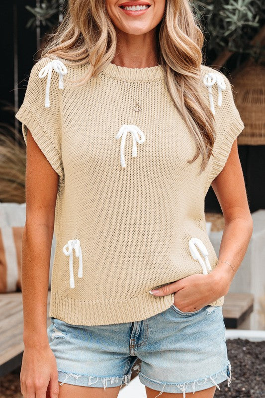Solid Bow Applique Cap Sleeve Sweater