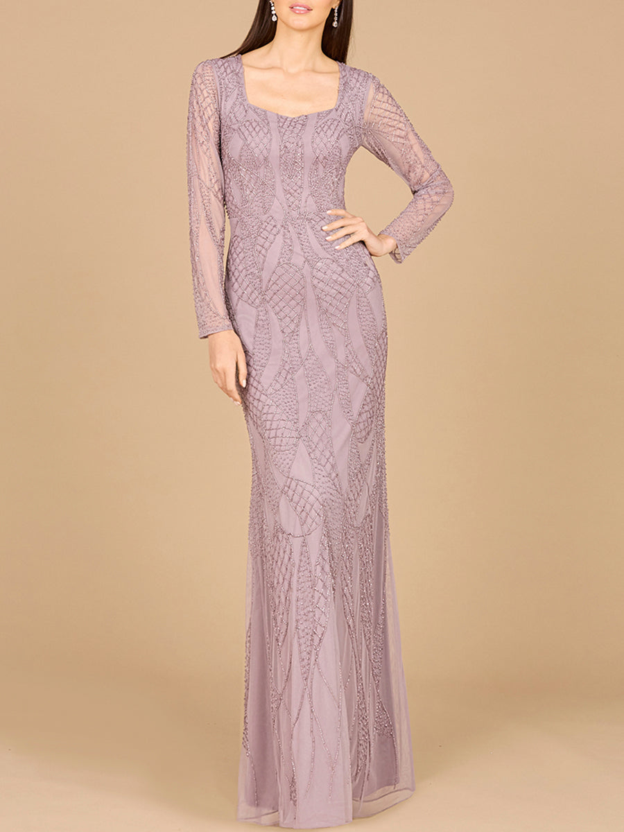 V Neck Beaded Long Sleeve Dress