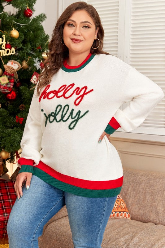Plus Size Christmas Holly Jolly Colorblock Edge Sw