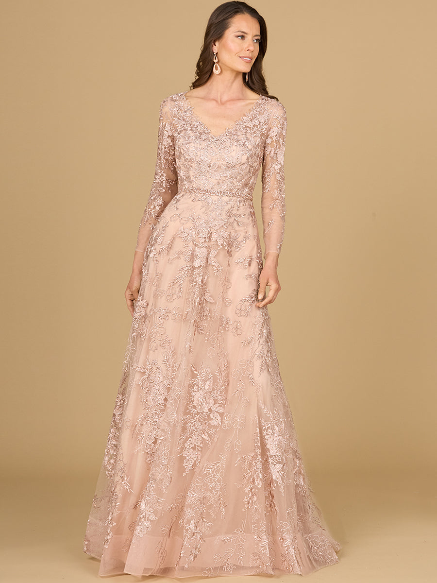 Long Sleeve V-Neck Lace Gown with Beaded Belt