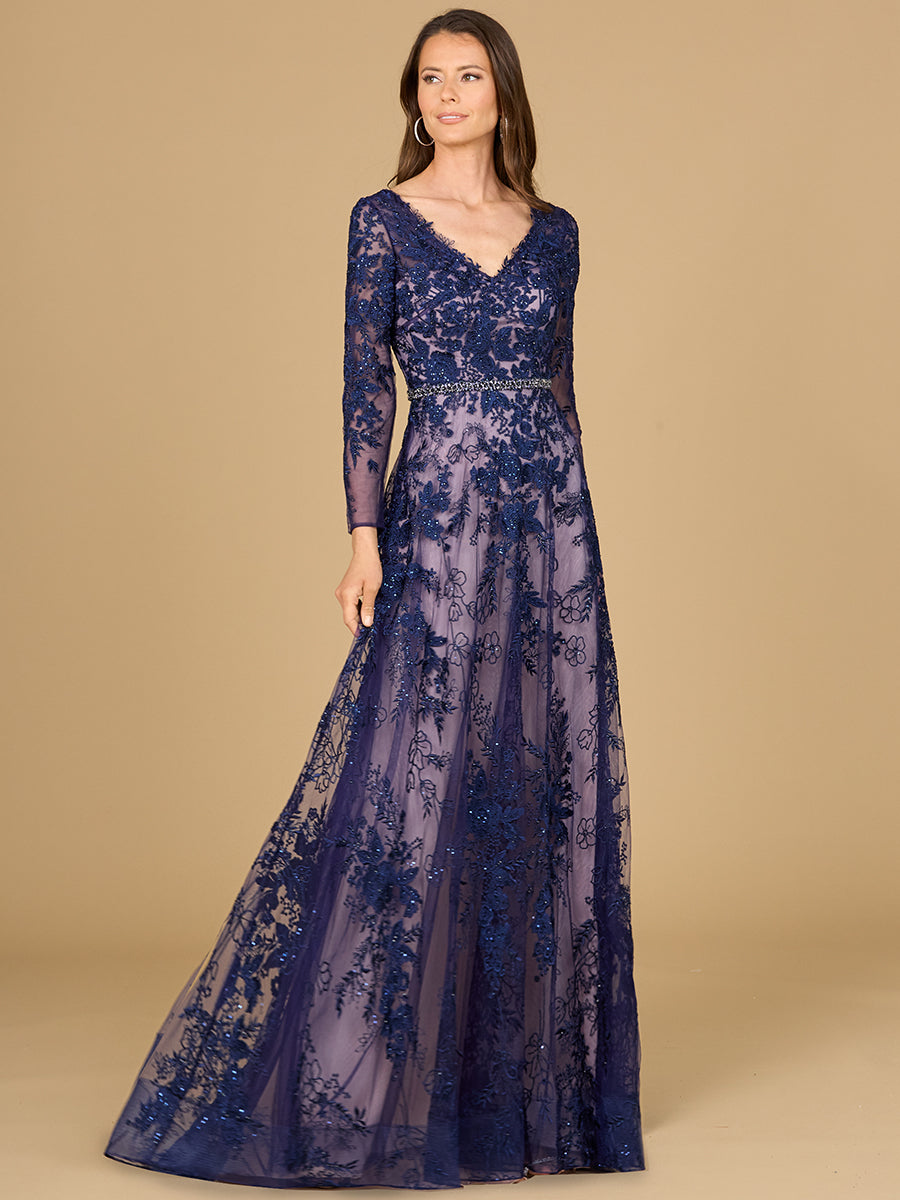 Long Sleeve V-Neck Lace Gown with Beaded Belt