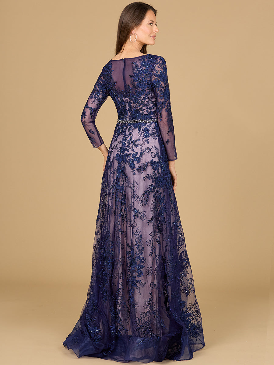Long Sleeve V-Neck Lace Gown with Beaded Belt